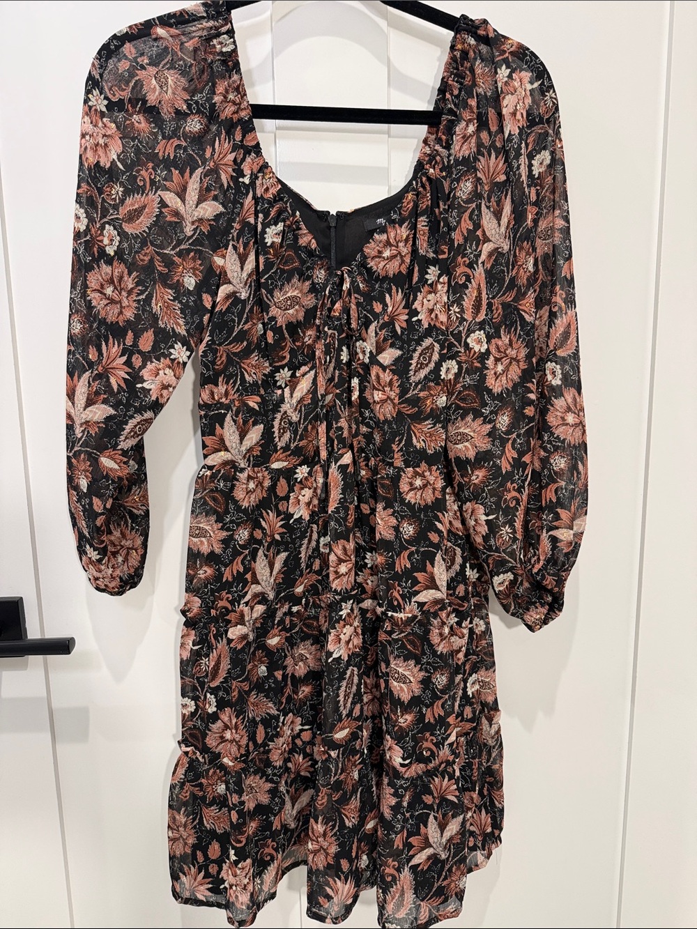 Madewell Black and Blush Floral Tie-Front Long Sleeve Dress